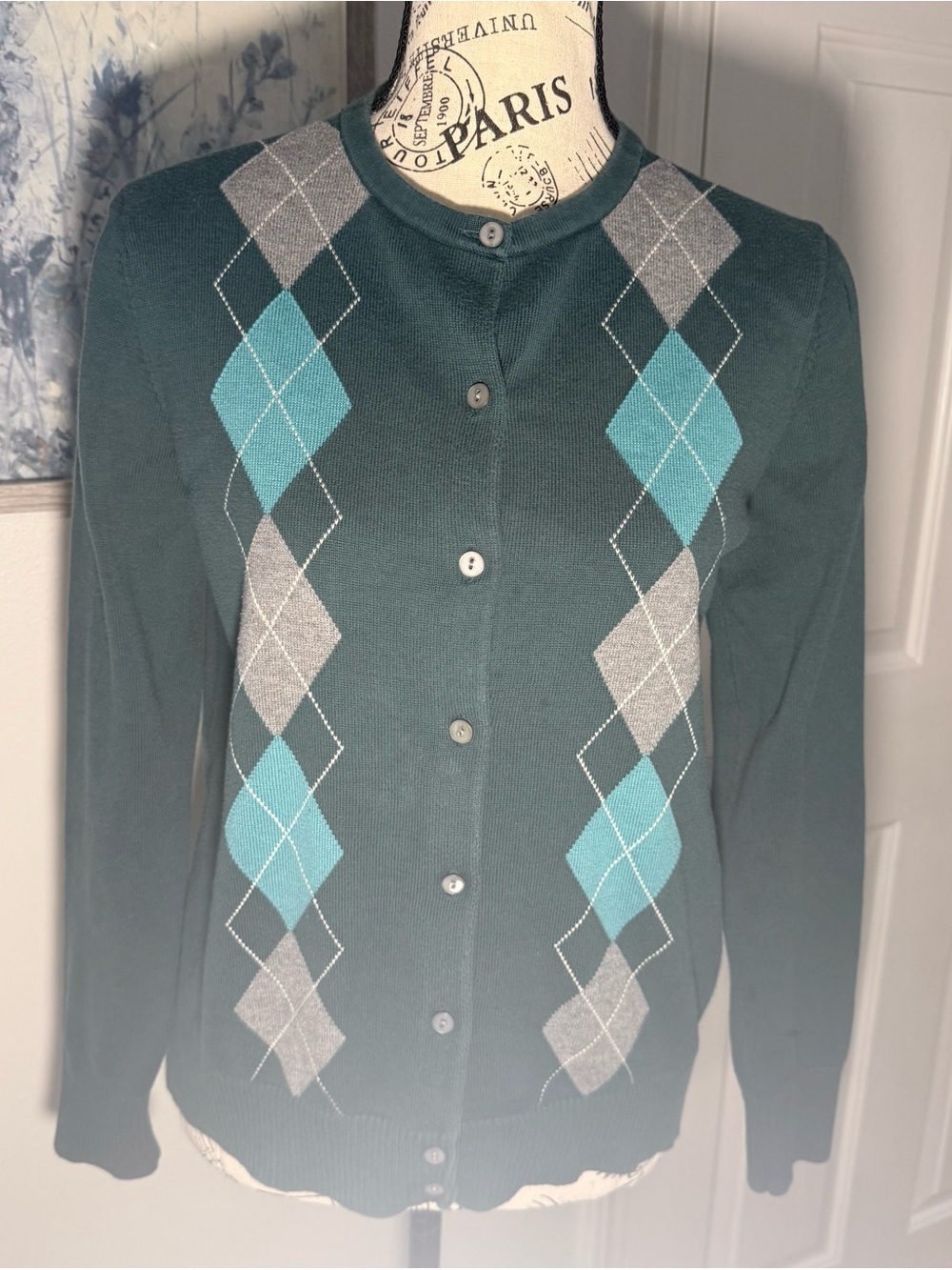 Lands' End Green 100% Wool Button-Up Cardigan with Aqua & Gray Diamonds